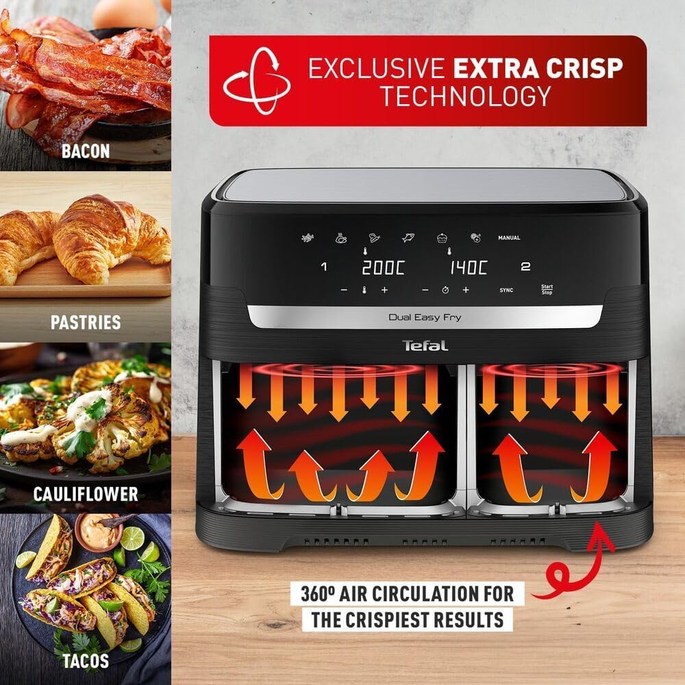 Tefal Easy Fry Dual Zone Digital Air Fryer, 2 Drawers, 8.3L, 8in1, Air Fry, Extra Crisp, Roast, Bake, Reheat