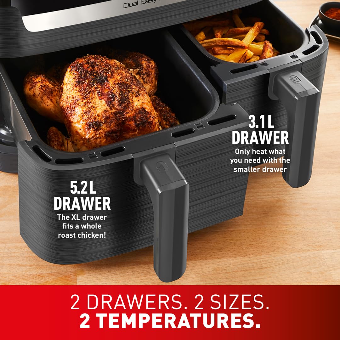 Tefal Easy Fry Dual Zone Digital Air Fryer, 2 Drawers, 8.3L, 8in1, Air Fry, Extra Crisp, Roast, Bake