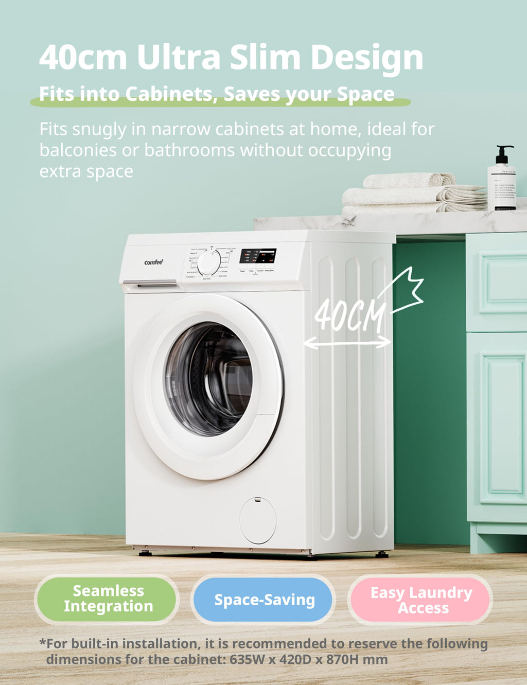 COMFEE' Freestanding Washing Machine,6KG Load,Heat Wash 90℃,Quick Wash,15 Washing Programs,White-CFE10EW60/W