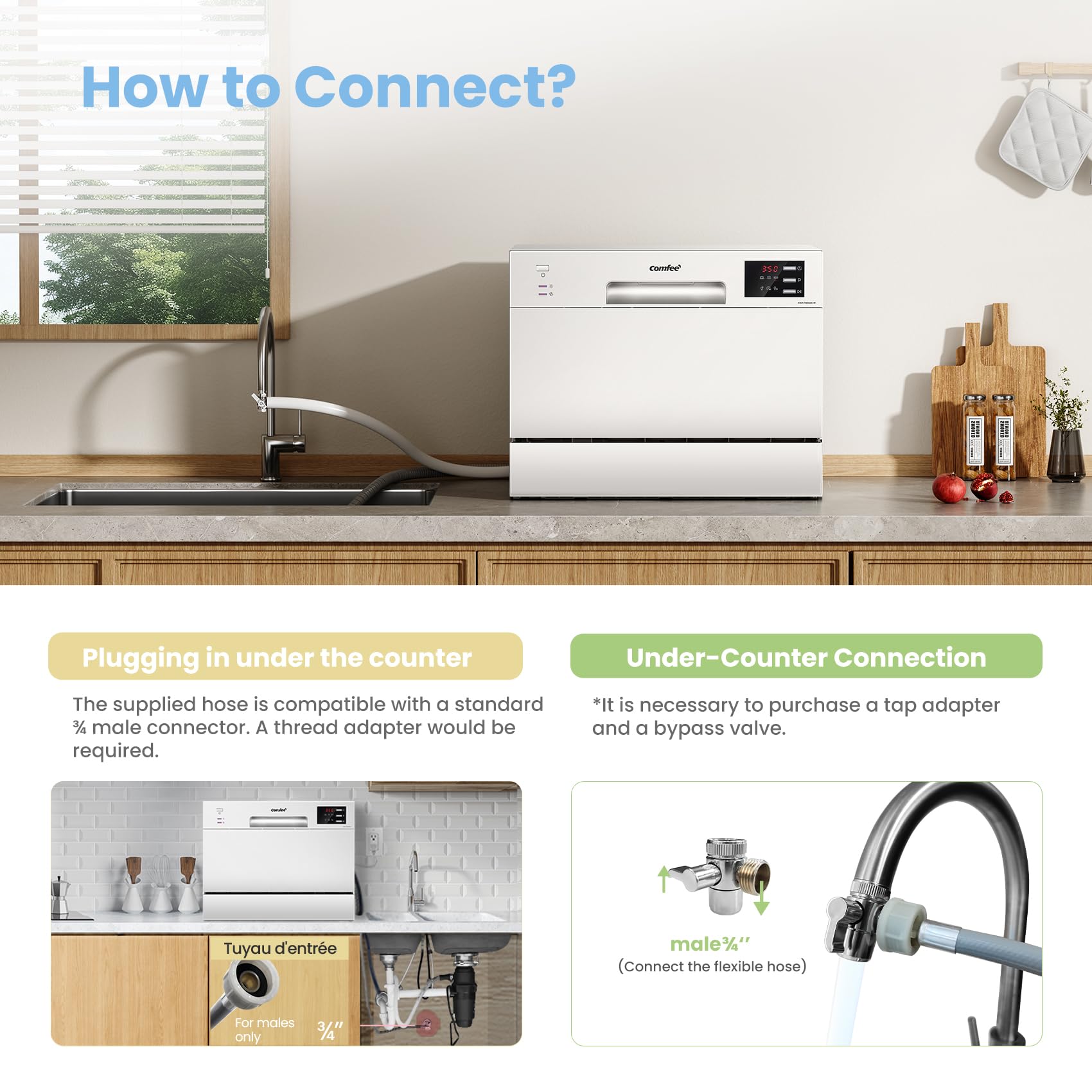 COMFEE' Table Top Dishwasher with 6 Place Settings, Mini Countertop Dishwasher for Small Families, Couples, LED display, Delay Start, 47dB Quiet Noise, White
