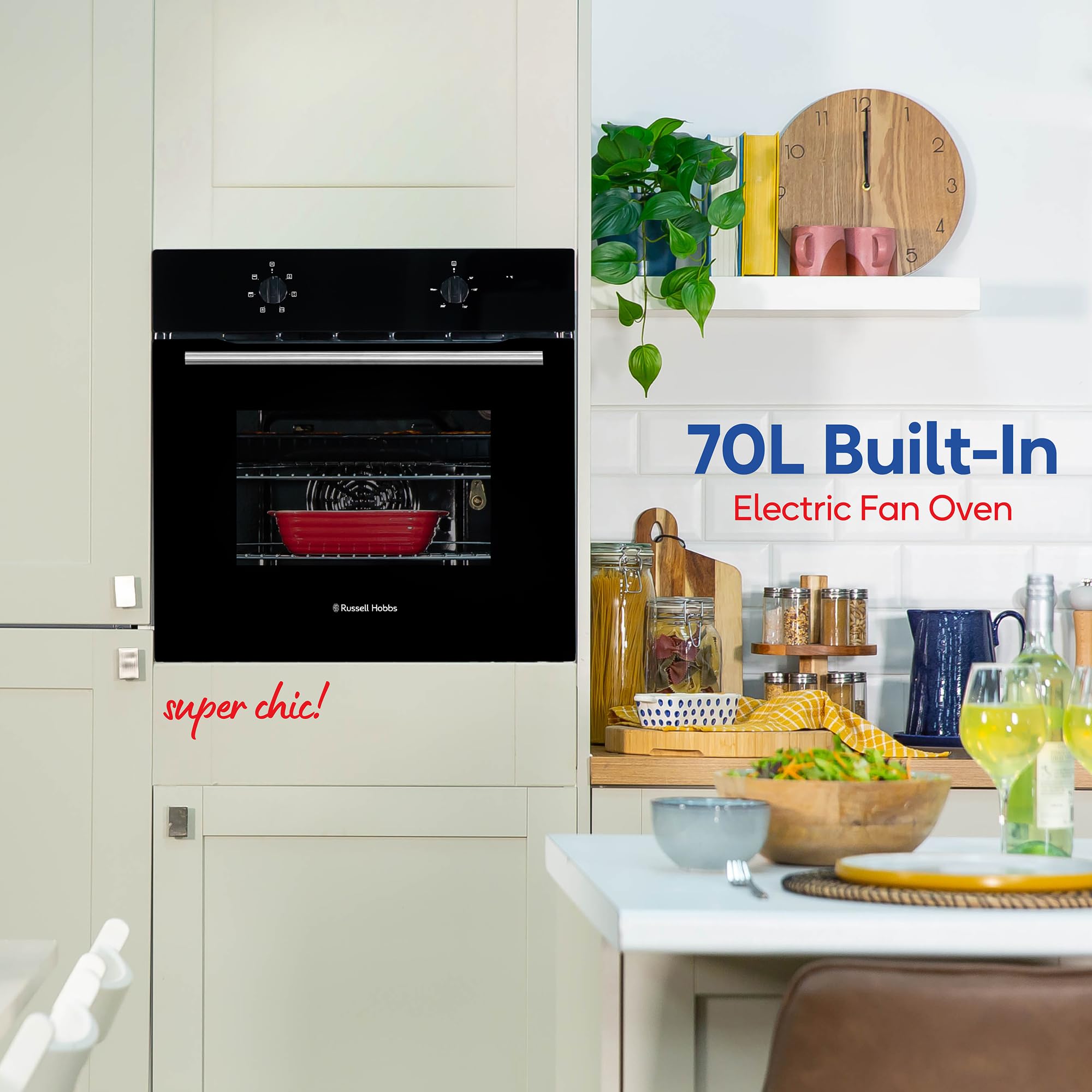 Russell Hobbs 70L, 60cm Wide, Single Electric Built-in Fan Oven and Grill in Black, 5 Oven Functions
