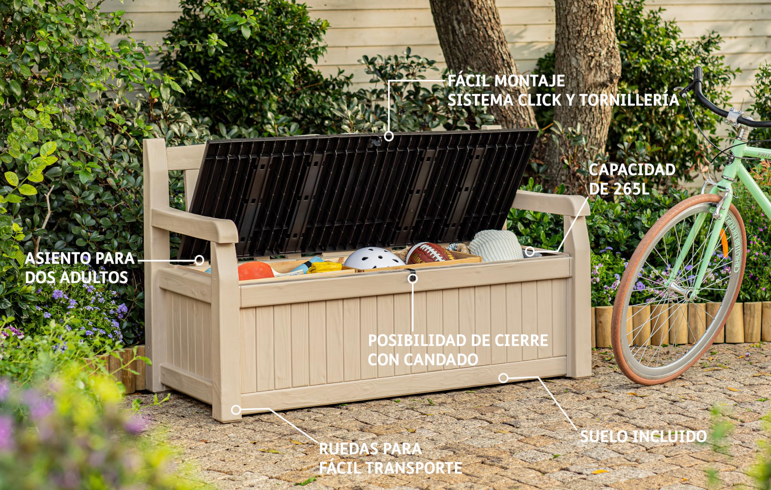 Keter Eden Bench 265L Outdoor 60% recycled Garden Furniture Storage Box Beige & Brown Wood Panel Effect