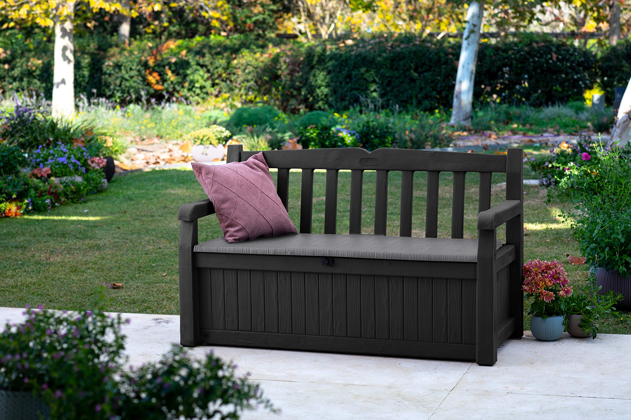 Keter Eden Bench 265L Outdoor 60% recycled Garden Furniture Storage Box Graphite & Light Grey