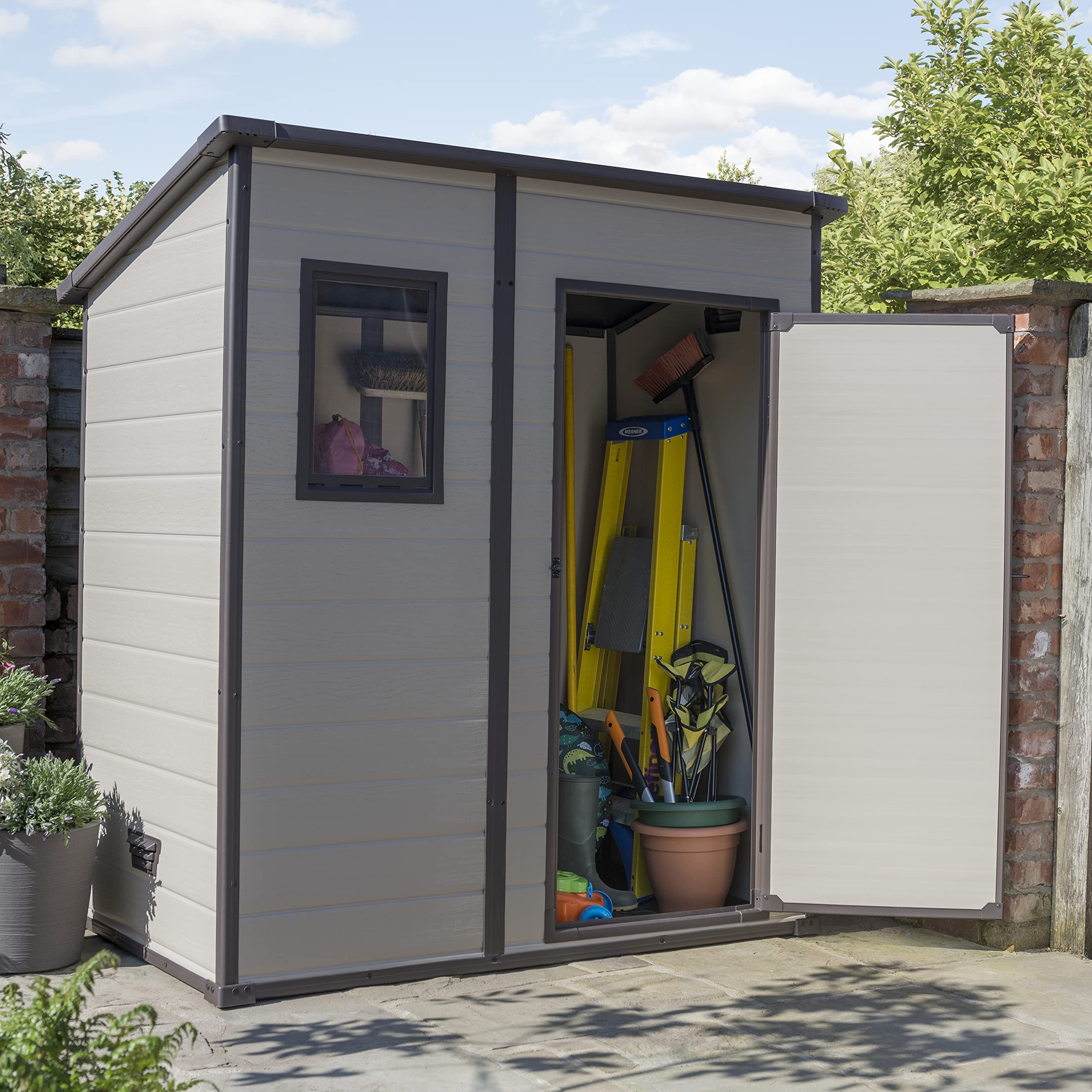 Keter Manor Outdoor Pent Single Door Garden Storage Shed 6 x 4ft Beige Brown Wood Effect